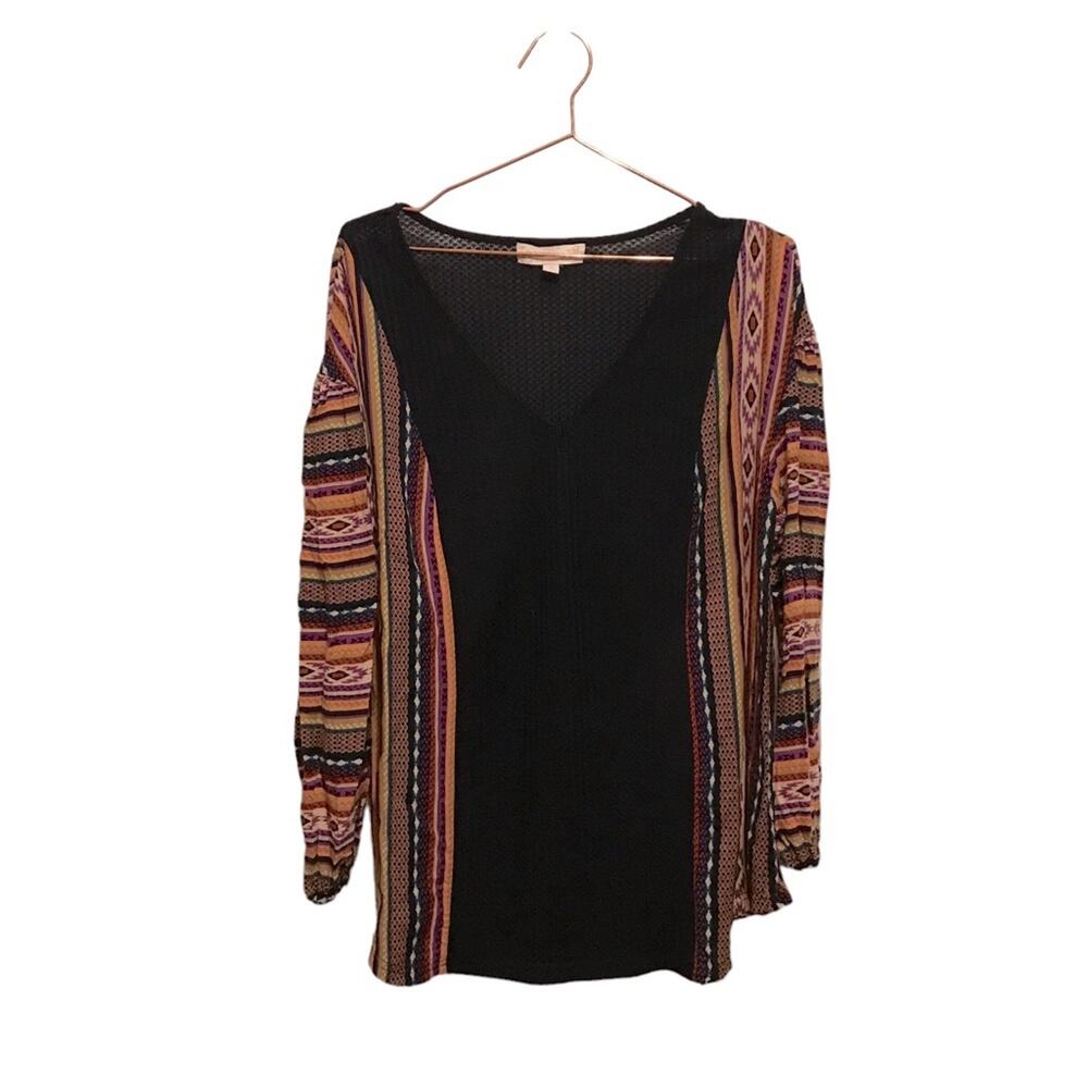 Weekend Suzanne Betro Aztec boho multi fabric v neck blouse size 1X